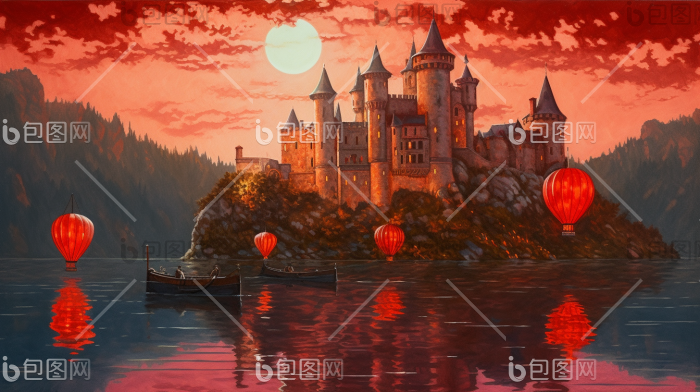 中世纪古堡景色城堡细节插画图片-包图网