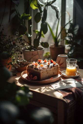 咖啡水果蛋糕下午茶桌布窗户光