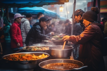 小吃摊贩生活气息人流美食