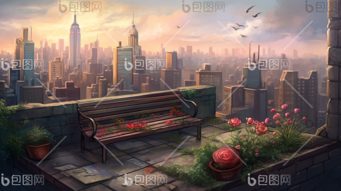 天台屋顶长椅广阔风景花朵形象插画图片-包图网