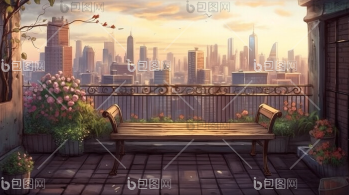 天台屋顶长椅广阔风景花朵插画图片-包图网