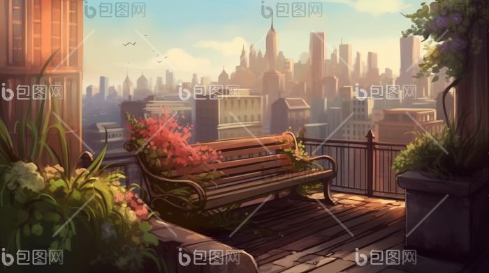 天台屋顶长椅广阔风景建筑温暖插画图片-包图网