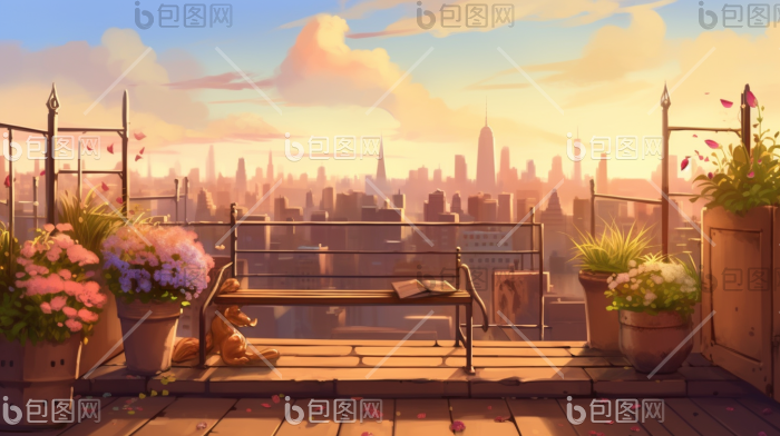 天台屋顶长椅广阔风景音调插画图片-包图网
