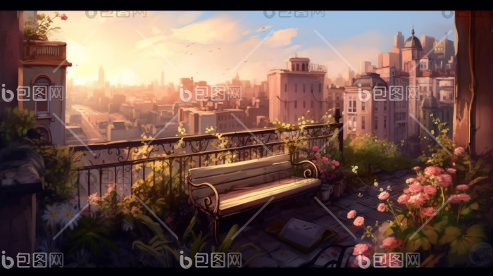 天台屋顶长椅广阔风景建筑城市插画图片-包图网