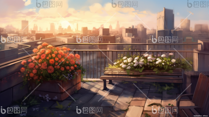 天台屋顶长椅广阔风景城市插画图片-包图网