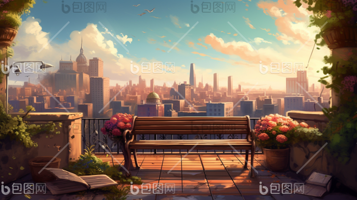 天台屋顶长椅广阔风景天际线音调插画图片-包图网