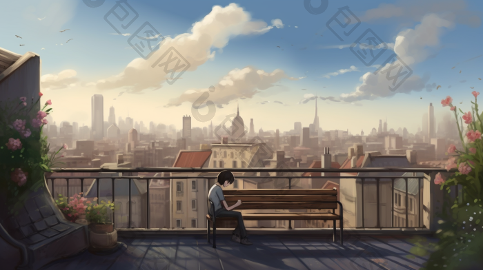 天台屋顶长椅广阔风景插画图片-包图网