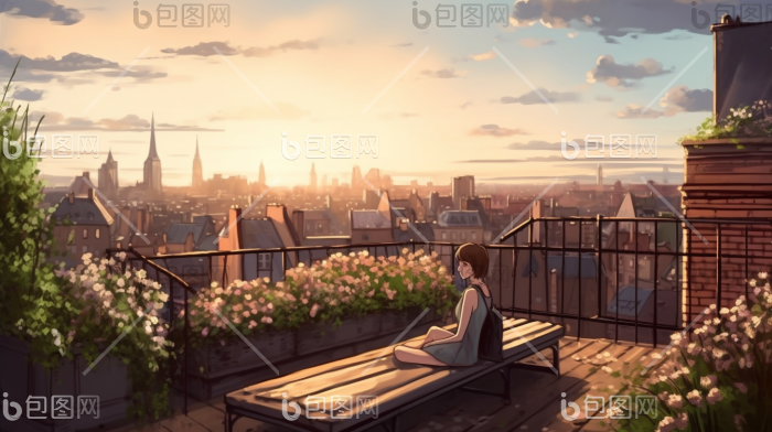 天台屋顶长椅广阔风景建筑景观插画图片-包图网