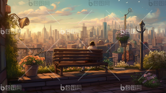 天台屋顶长椅广阔风景形象插画图片-包图网