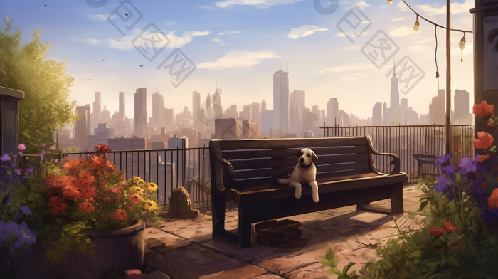 天台屋顶长椅广阔风景插画图片-包图网