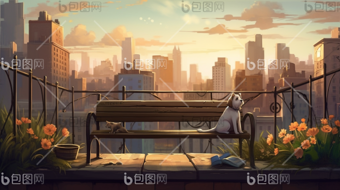 天台屋顶长椅广阔风景天际线形象插画图片-包图网