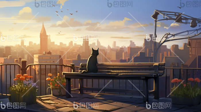天台屋顶长椅广阔风景插画图片-包图网