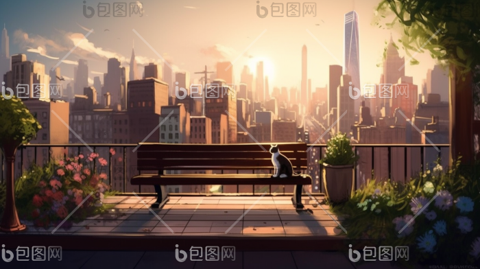 天台屋顶长椅广阔风景天际线温暖插画图片-包图网