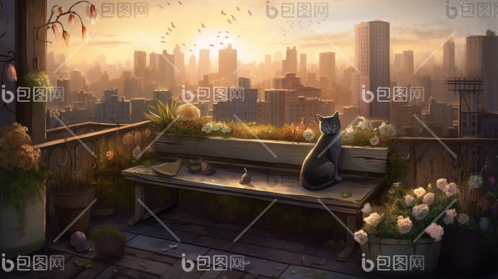 天台屋顶长椅广阔风景城市插画图片-包图网