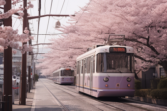 粉色日式樱花电车街道花瓣漫画