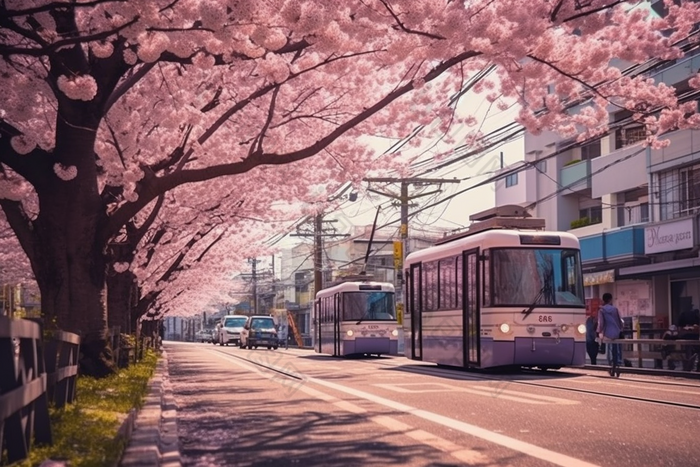 粉色日式樱花电车街道花朵漫画