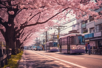 粉色日式樱花电车街道<strong>花朵</strong>漫画