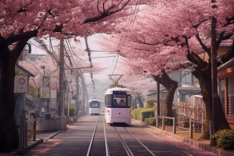 粉色日式樱花电车街道可爱日剧