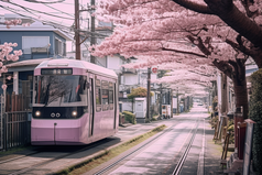 粉色日式樱花电车街道摄影图42