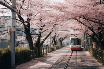 粉色日式樱花电车街道花朵日剧