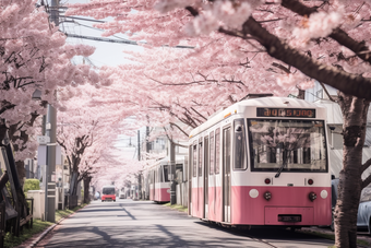 粉色日式<strong>樱花</strong>电车街道植物富士