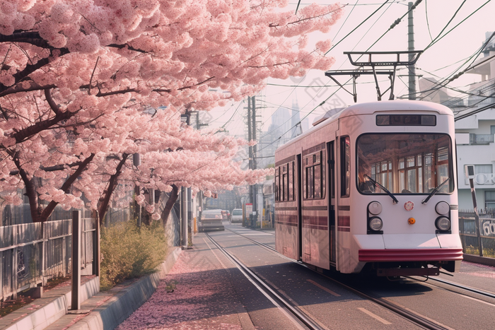 粉色日式樱花电车街道小清新可爱