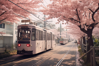 粉色日式樱花电车街道花朵小清新