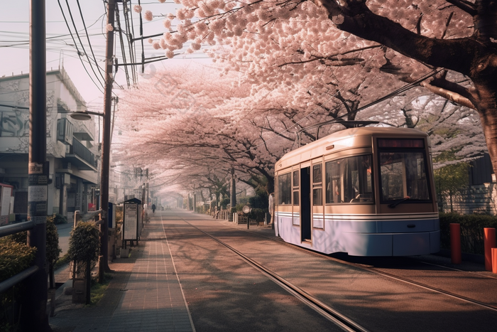 粉色日式樱花电车街道花瓣富士