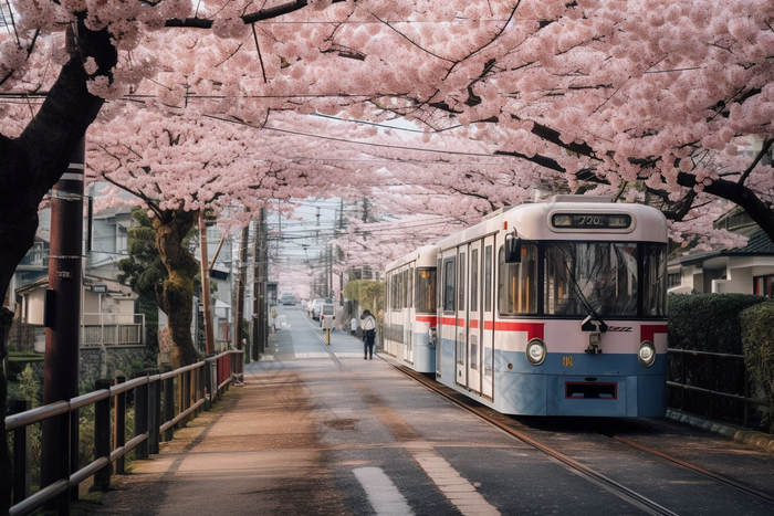 粉色日式樱花电车街道小清新日剧