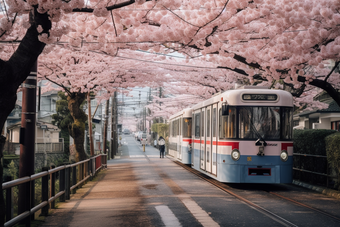 粉色日式樱花电车<strong>街道</strong>小清新日剧