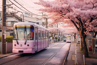 粉色日式樱花电车街道花瓣浪漫