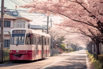 粉色日式樱花电车<strong>街道</strong>花朵可爱