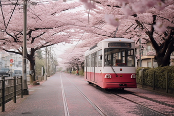 粉色日式樱花电车<strong>街道</strong>植物可爱