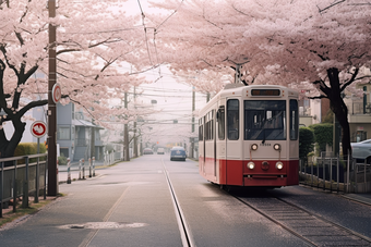 粉色日式樱花电车<strong>街道</strong>花朵浪漫