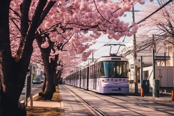 粉色日式樱花电车<strong>街道</strong>漫画富士