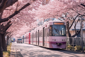 粉色日式樱花电车街道植物小清新