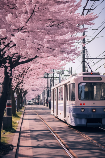 粉色日式樱花电车<strong>街道</strong>摄影图5