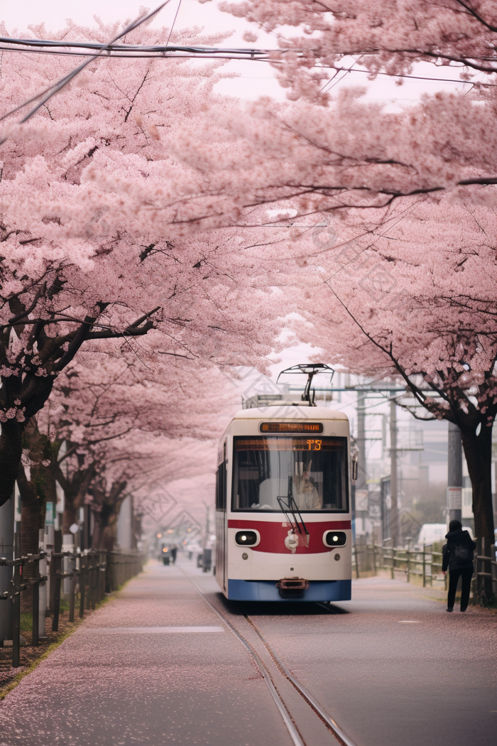 粉色日式樱花电车街道摄影图8