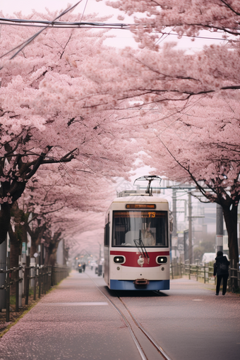 粉色日式<strong>樱花</strong>电车街道摄影图8