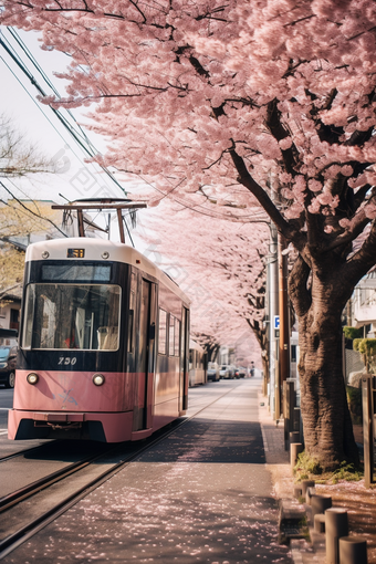 粉色日式樱花电车<strong>街道</strong>植物浪漫