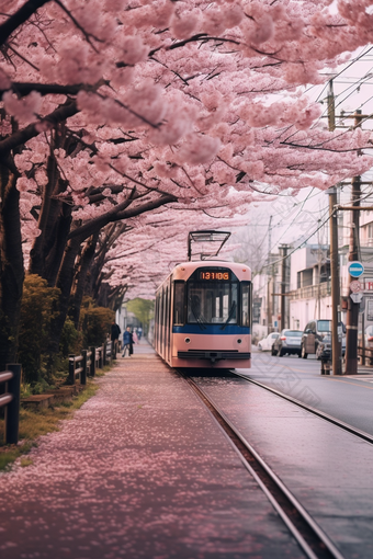 粉色日式樱花电车街道<strong>花朵</strong>富士