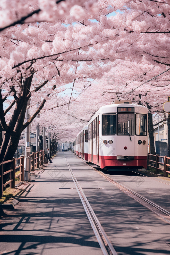 粉色日式樱花电车街道浪漫漫画