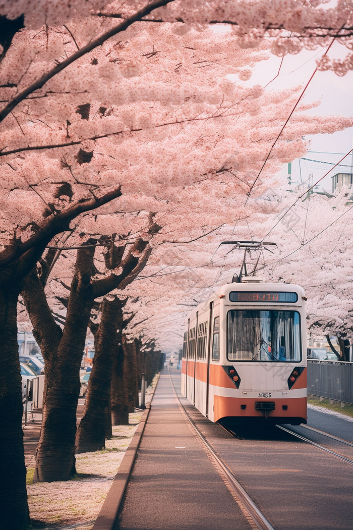 粉色日式樱花电车街道花瓣小清新