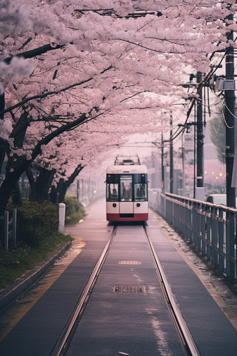 粉色日式樱花电车<strong>街道</strong>可爱浪漫