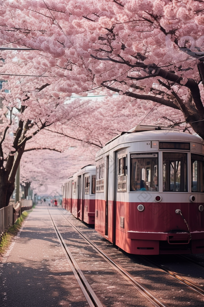 粉色日式樱花电车街道可爱富士