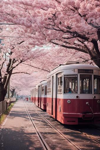 粉色日式樱花电车<strong>街道</strong>可爱富士