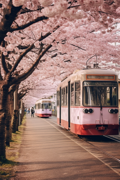 粉色日式樱花电车街道摄影图7