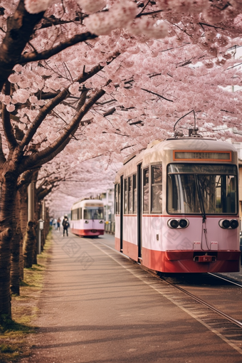 粉色日式<strong>樱花</strong>电车街道花瓣可爱