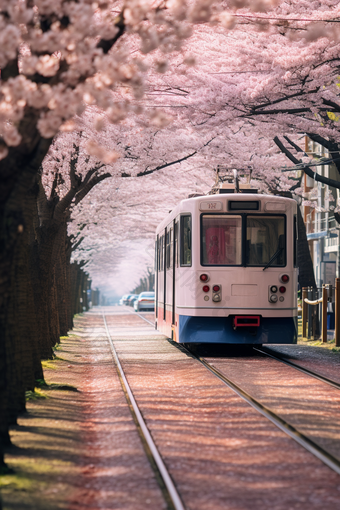 粉色日式樱花电车街道小清新浪漫
