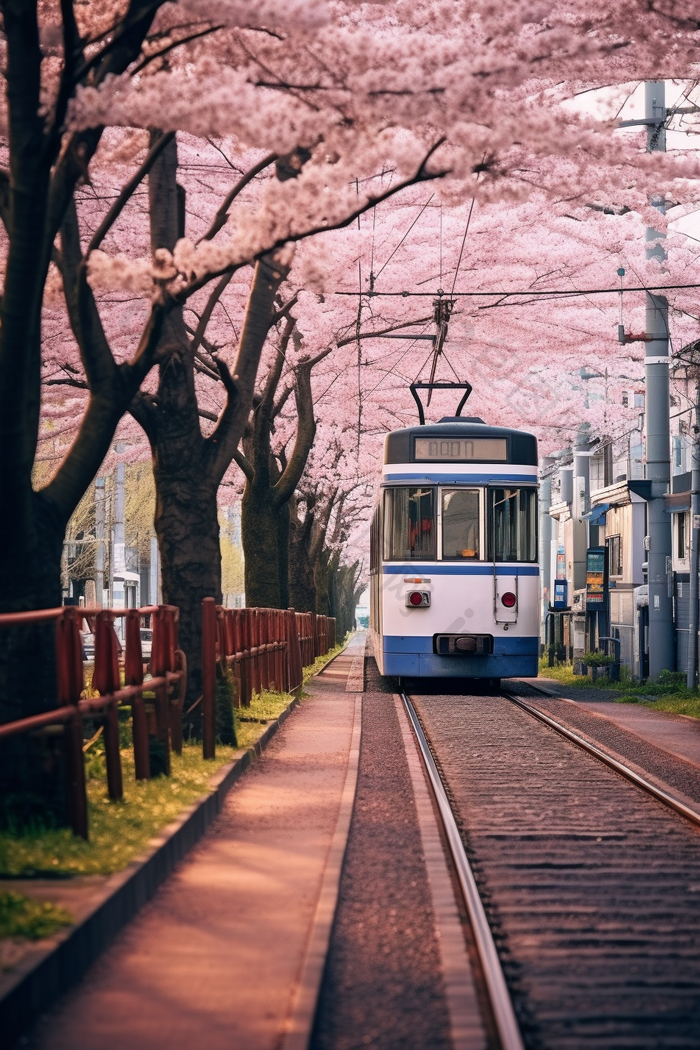粉色日式樱花电车街道摄影图26